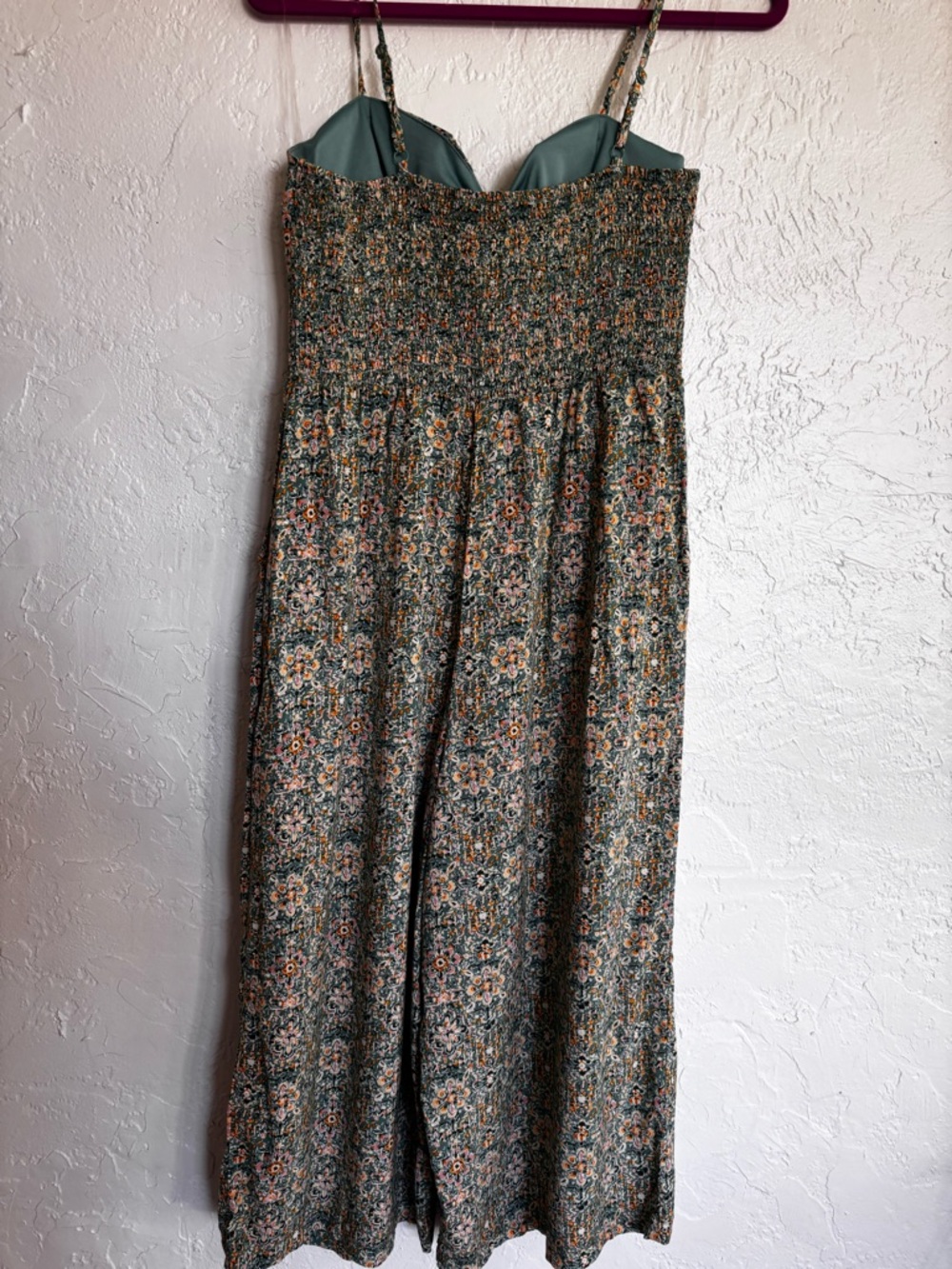 AWW Floral Wide Leg Jumpsuit Smocked Back Pockets Boho Green L - Picture 5 of 12